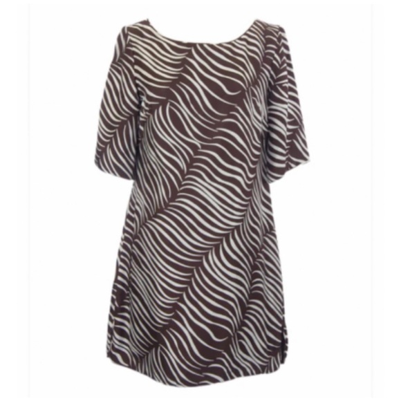 ELIZABETH MCKAY CHOCOLATE & IVORY FEATHER LINDSAY TUNIC DRESS SIZE 4 5054 - Picture 1 of 8